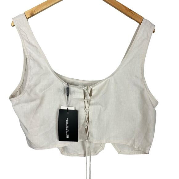 Pretty Little Thing Plus Cream Linen Lace Up Back Crop Top Size US 14 NWT - Picture 3 of 9